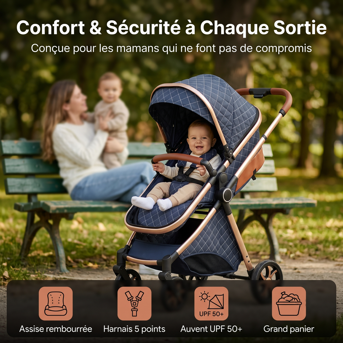 Poussette DIDAM - confort sécurité auvent UPF 50+ harnais 5 points